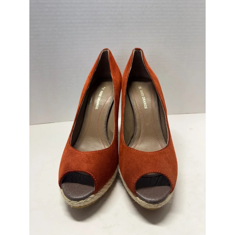 Boss Orange Burnt Orange Suede Peep Toe Platform Espadrille Block Heels 39 8.5